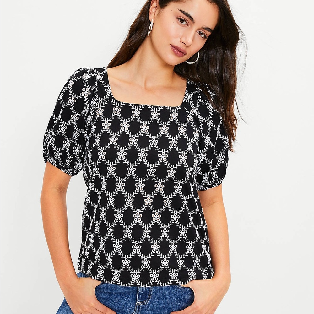 LOFT Monochrome Floral Puff Sleeve Blouse